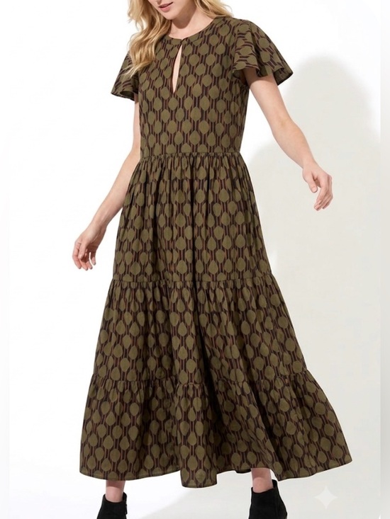 Oliphant Dresses & Skirts - Oliphant Dipsy VNeck Olive Green Tiered Flutter Sleeve Maxi Dress Women Size M